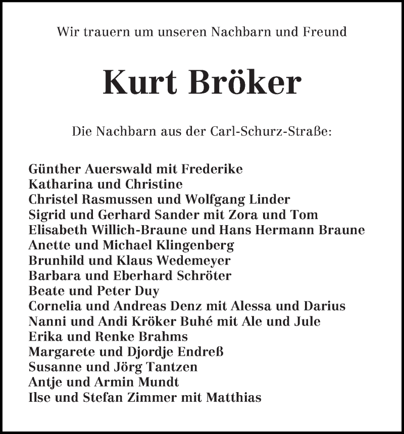  Traueranzeige für Kurt Bröker vom 20.01.2018 aus WESER-KURIER