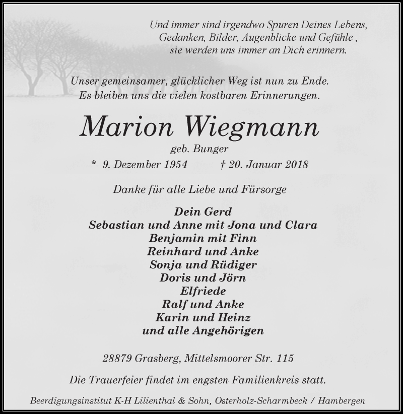  Traueranzeige für Marion Wiegmann vom 27.01.2018 aus Osterholzer Kreisblatt