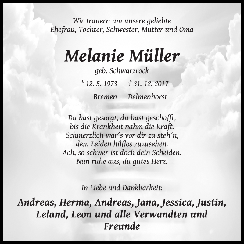  Traueranzeige für Melanie Müller vom 06.01.2018 aus Delmenhorster Kurier