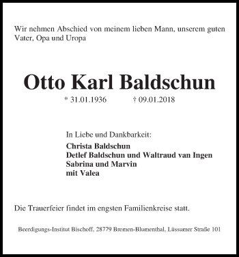 Traueranzeige von Otto Karl Baldschun