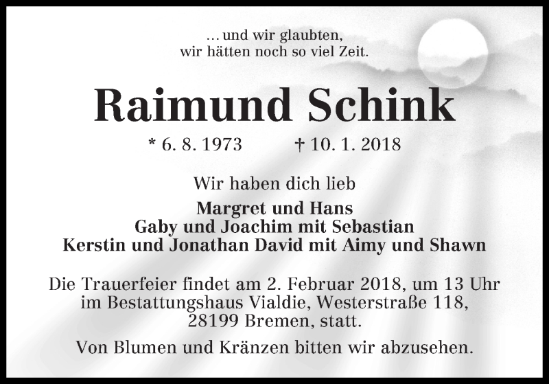  Traueranzeige für Raimund Schink vom 17.01.2018 aus WESER-KURIER