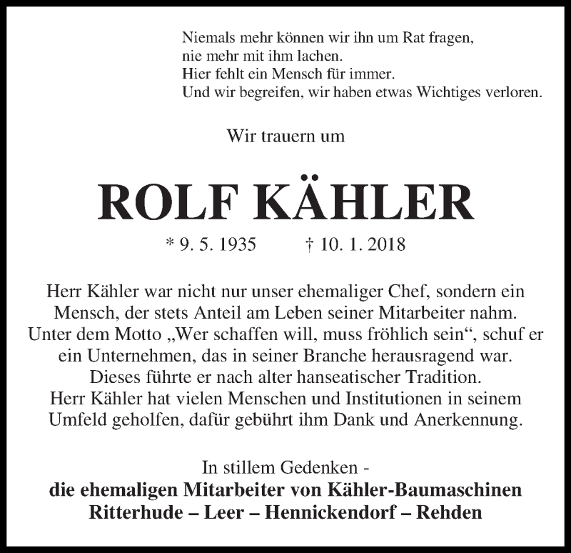  Traueranzeige für Rolf Kähler vom 17.01.2018 aus Osterholzer Kreisblatt