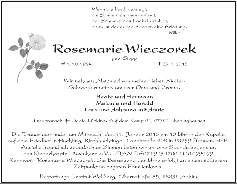  Traueranzeige für Rosemarie Wieczorek vom 27.01.2018 aus WESER-KURIER