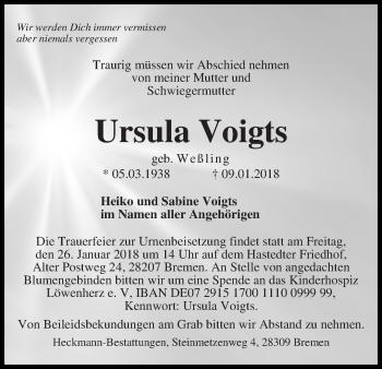 Traueranzeige von Ursula Voigts