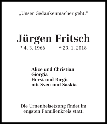 Traueranzeige von Jürgen Fritsch