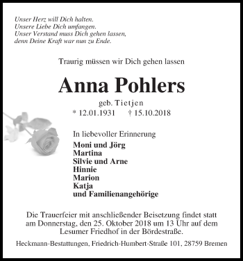 Traueranzeige von Anna Pohlers