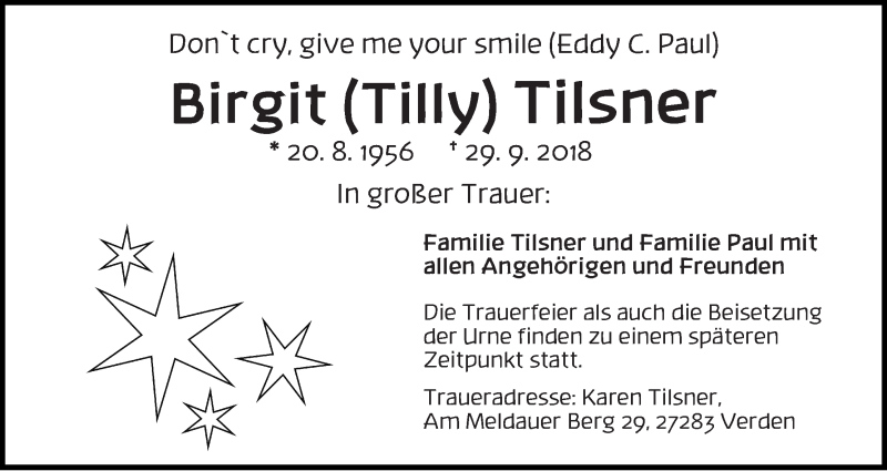  Traueranzeige für Birgit (Tilly) Tilsner vom 20.10.2018 aus WESER-KURIER