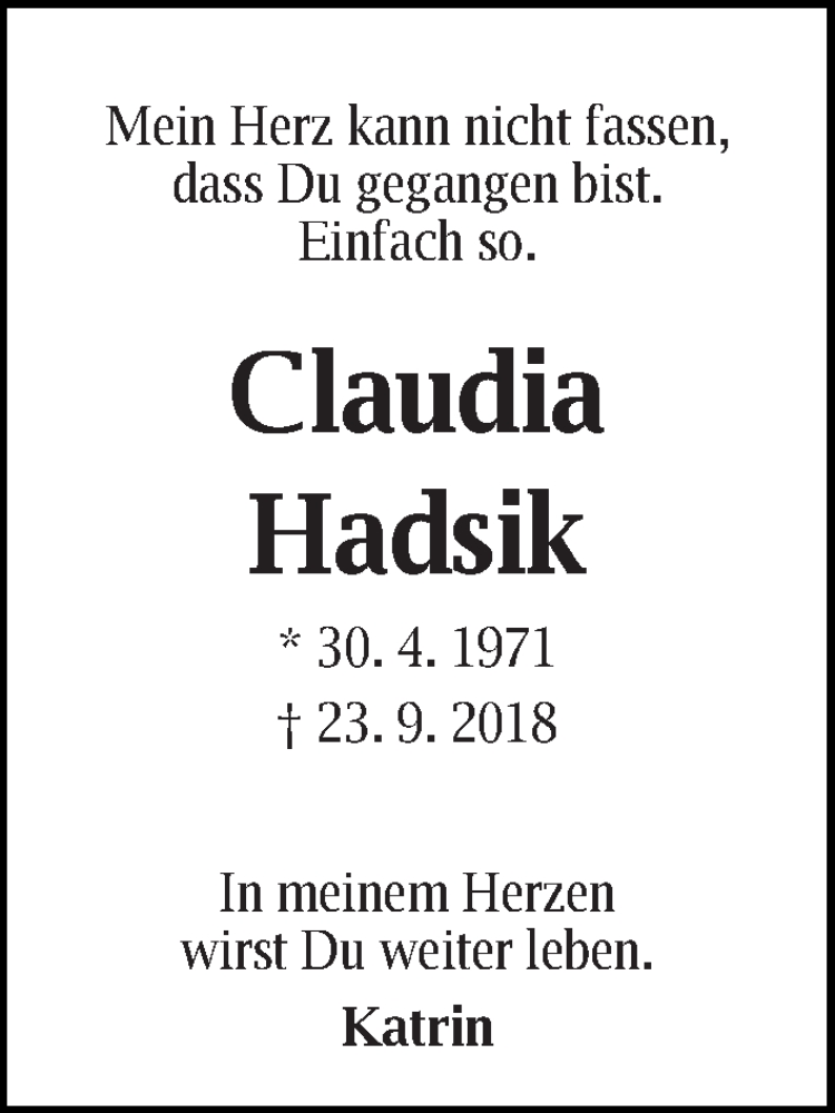  Traueranzeige für Claudia Hadsik vom 02.10.2018 aus WESER-KURIER