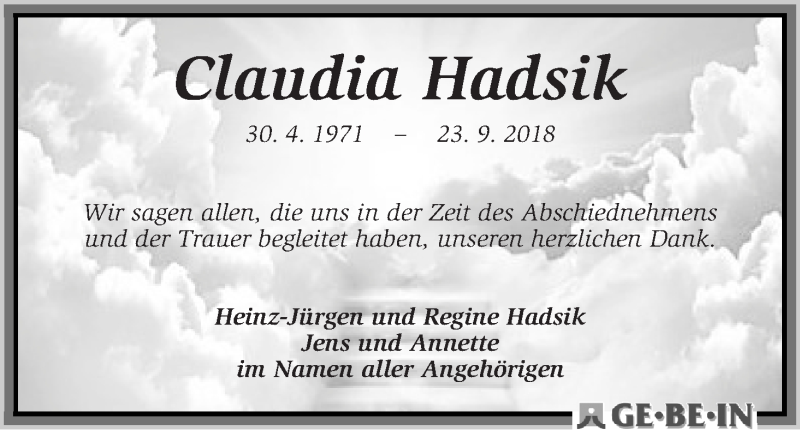  Traueranzeige für Claudia Hadsik vom 20.10.2018 aus WESER-KURIER