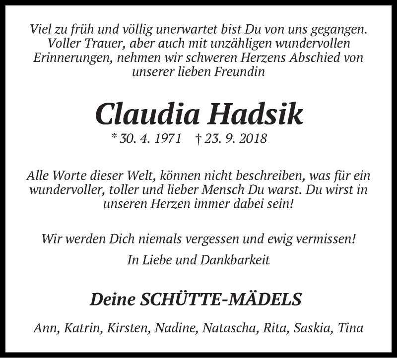 Traueranzeige für Claudia Hadsik vom 02.10.2018 aus WESER-KURIER