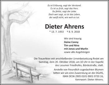 Traueranzeigen von Dieter Ahrens | Trauer & Gedenken