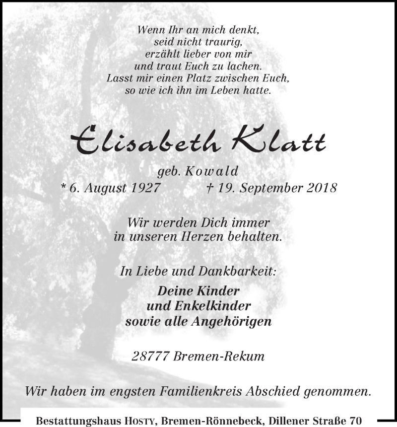  Traueranzeige für Elisabeth Klatt vom 06.10.2018 aus Die Norddeutsche