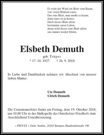 Traueranzeige von Elsbeth Demuth