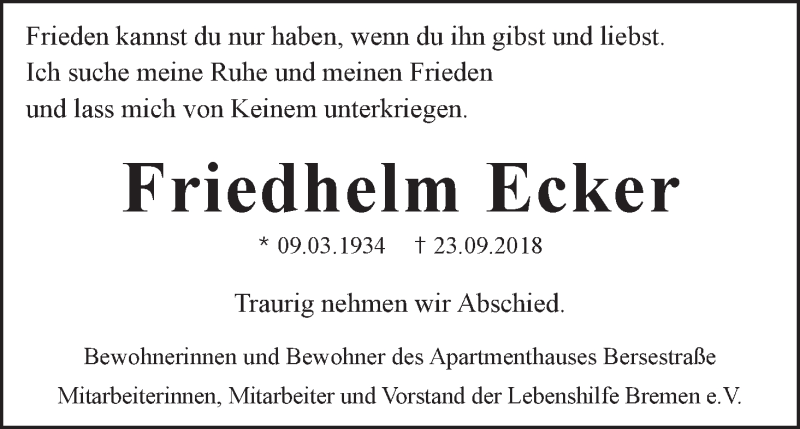 Traueranzeige für Friedhelm Ecker vom 02.10.2018 aus WESER-KURIER