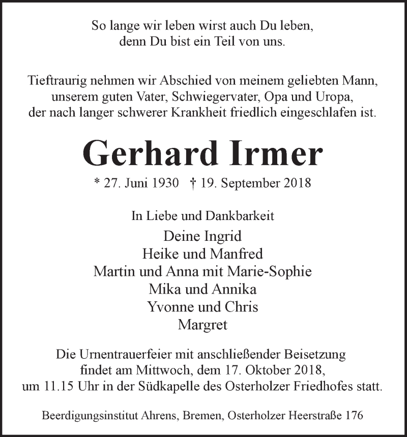  Traueranzeige für Gerhard Irmer vom 13.10.2018 aus WESER-KURIER