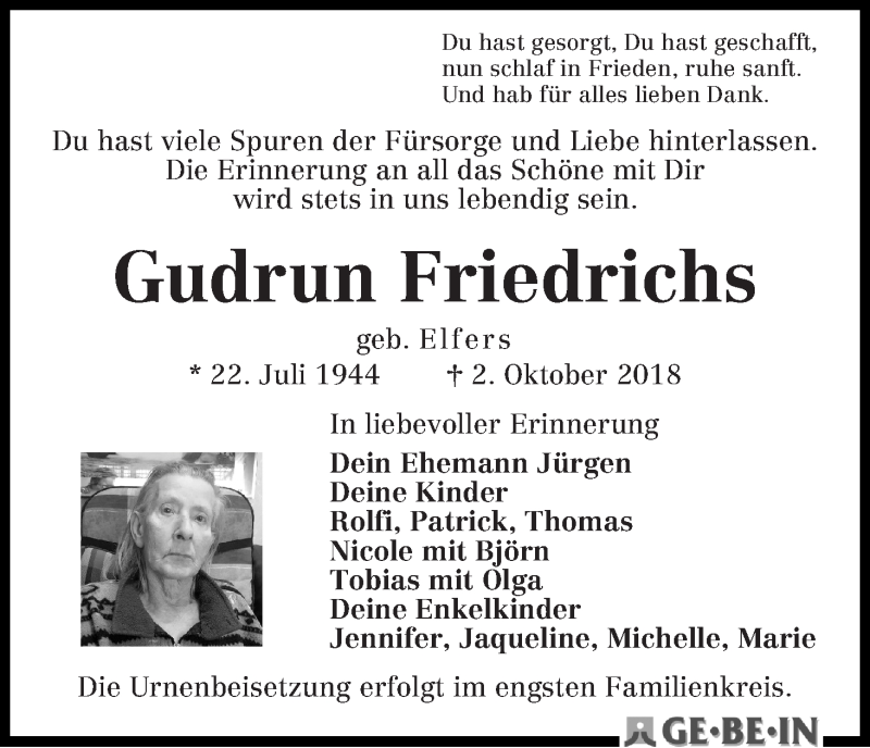  Traueranzeige für Gudrun Friedrichs vom 20.10.2018 aus WESER-KURIER