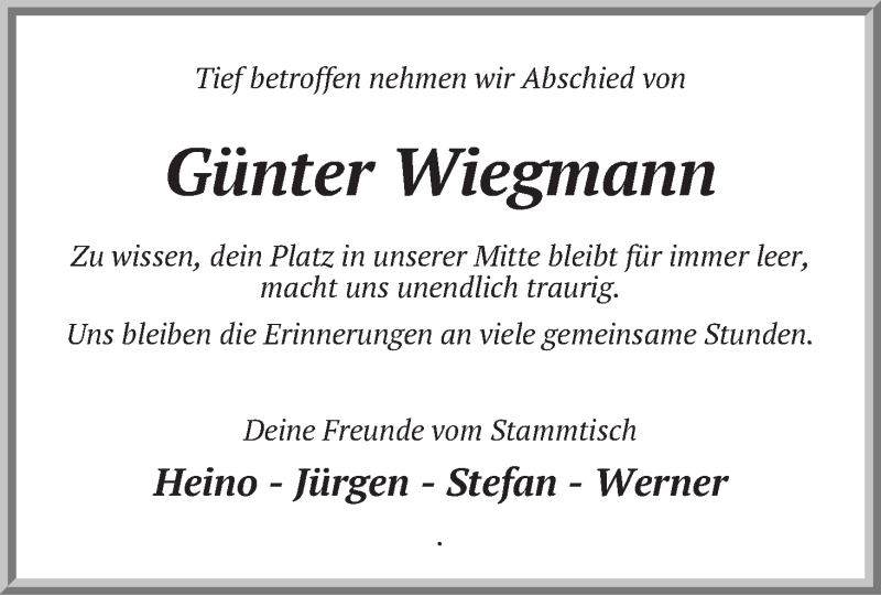  Traueranzeige für Günter Wiegmann vom 20.10.2018 aus Wuemme Zeitung