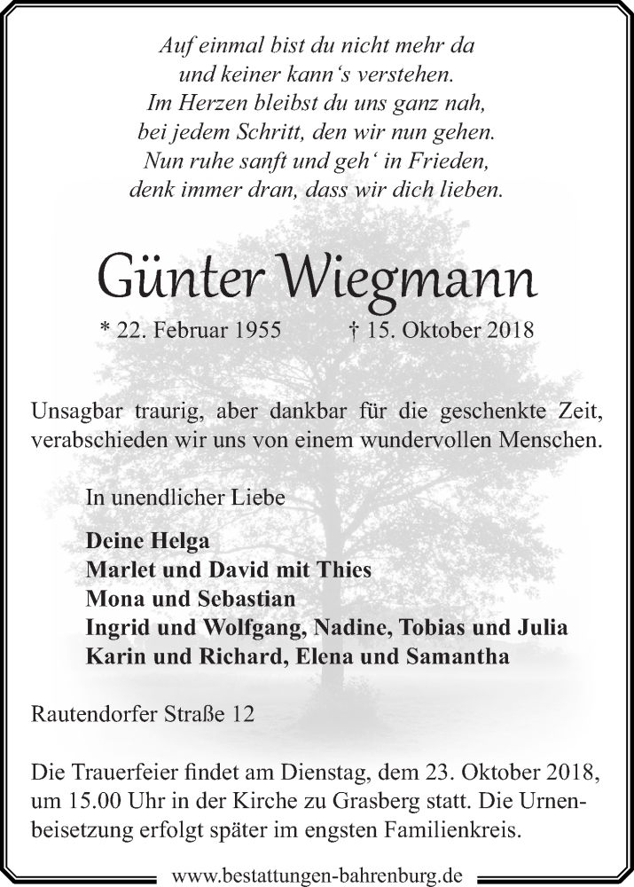  Traueranzeige für Günter Wiegmann vom 17.10.2018 aus Wuemme Zeitung