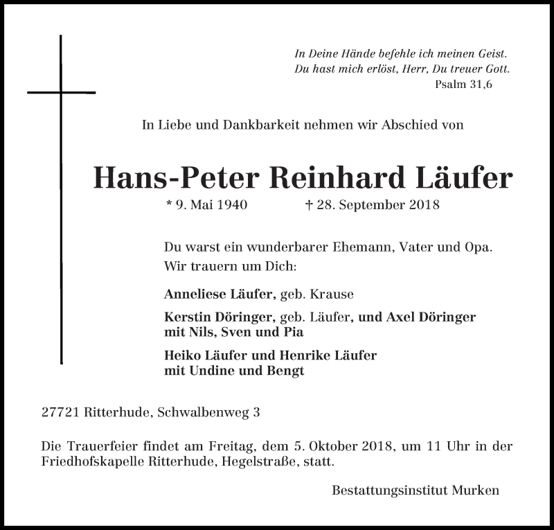  Traueranzeige für Hans-Peter Reinhard Läufer vom 02.10.2018 aus Osterholzer Kreisblatt