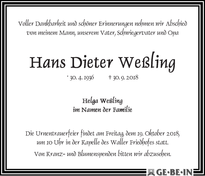 Traueranzeige von Hans Dieter Weß?ling von WESER-KURIER
