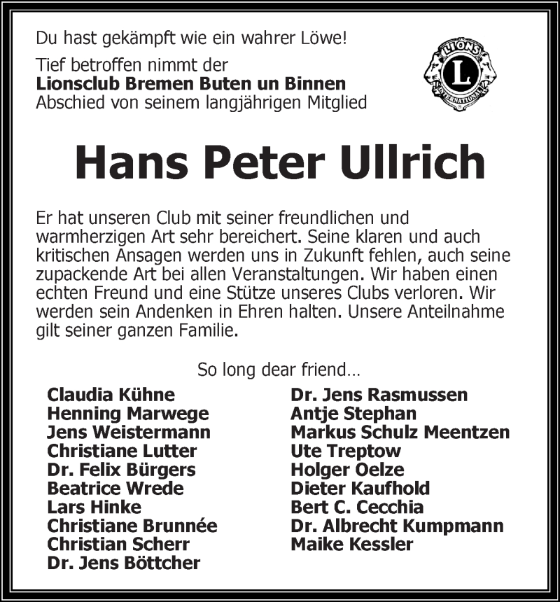  Traueranzeige für Hans Peter Ullrich vom 24.10.2018 aus WESER-KURIER