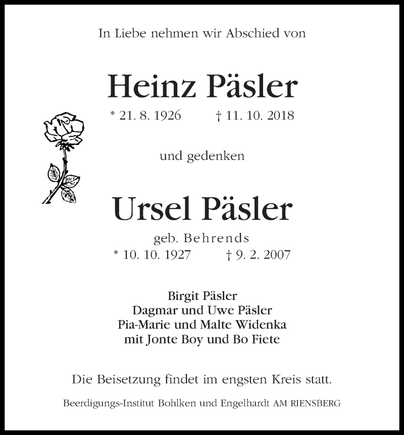 Traueranzeige von Heinz und Ursel Päsler von WESER-KURIER