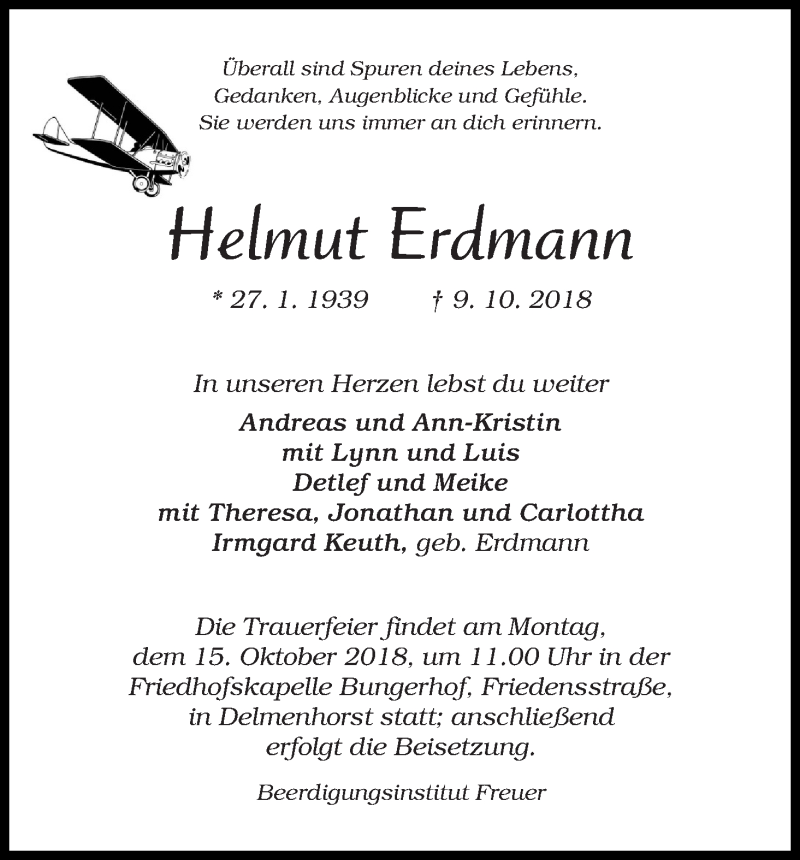  Traueranzeige für Helmut Erdmann vom 11.10.2018 aus WESER-KURIER
