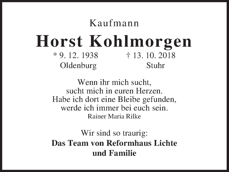  Traueranzeige für Horst Kohlmorgen vom 22.10.2018 aus WESER-KURIER