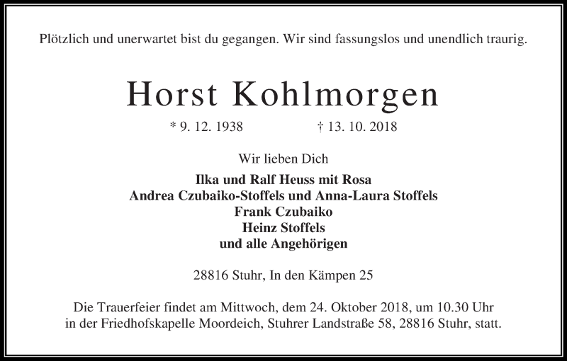  Traueranzeige für Horst Kohlmorgen vom 20.10.2018 aus WESER-KURIER