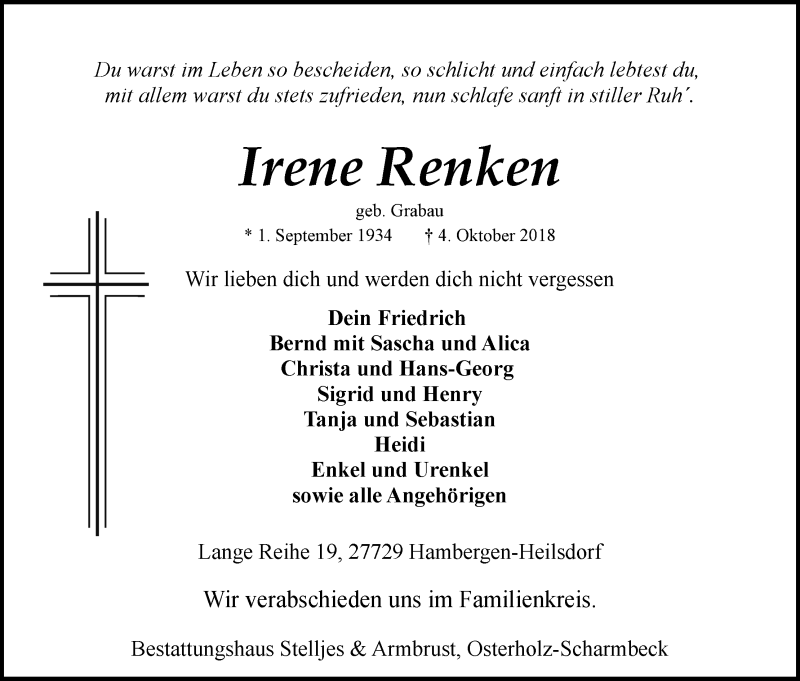 Traueranzeige von Irene Renken von Osterholzer Kreisblatt