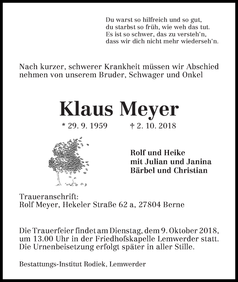 Traueranzeige von Klaus Meyer von Die Norddeutsche