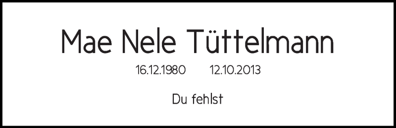  Traueranzeige für Mae Nele Tüttelmann vom 13.10.2018 aus WESER-KURIER