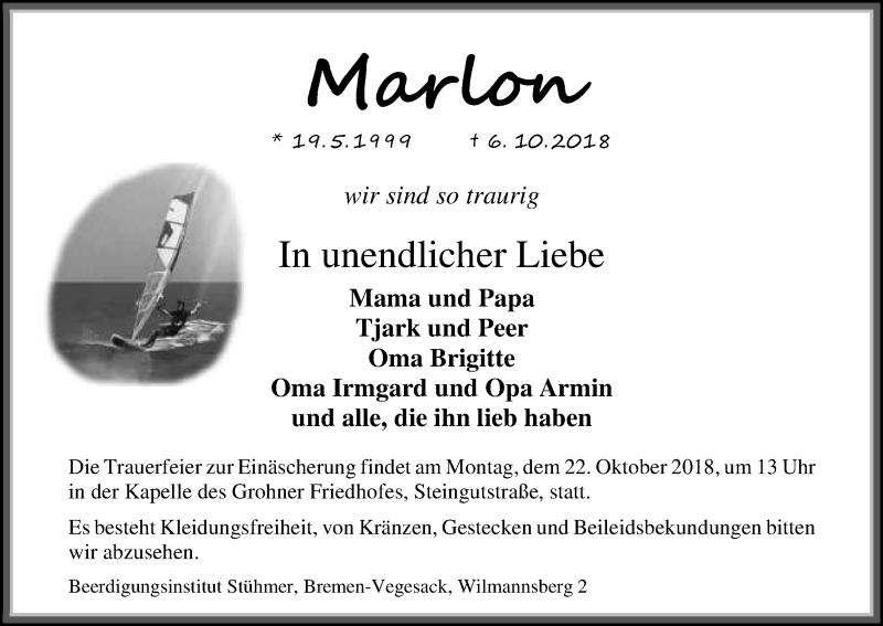 Traueranzeige für Marlon  vom 13.10.2018 aus Die Norddeutsche