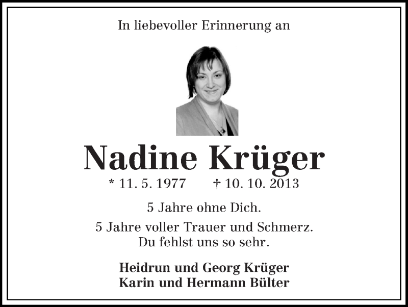  Traueranzeige für Nadine Krüger vom 10.10.2018 aus Die Norddeutsche