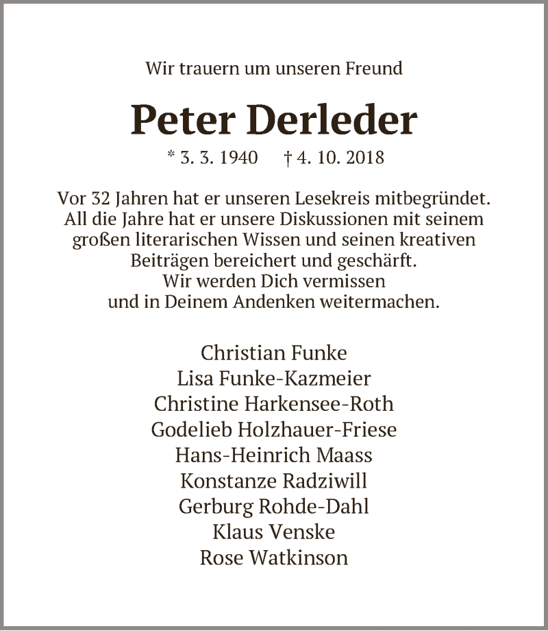  Traueranzeige für Peter Derleder vom 13.10.2018 aus WESER-KURIER