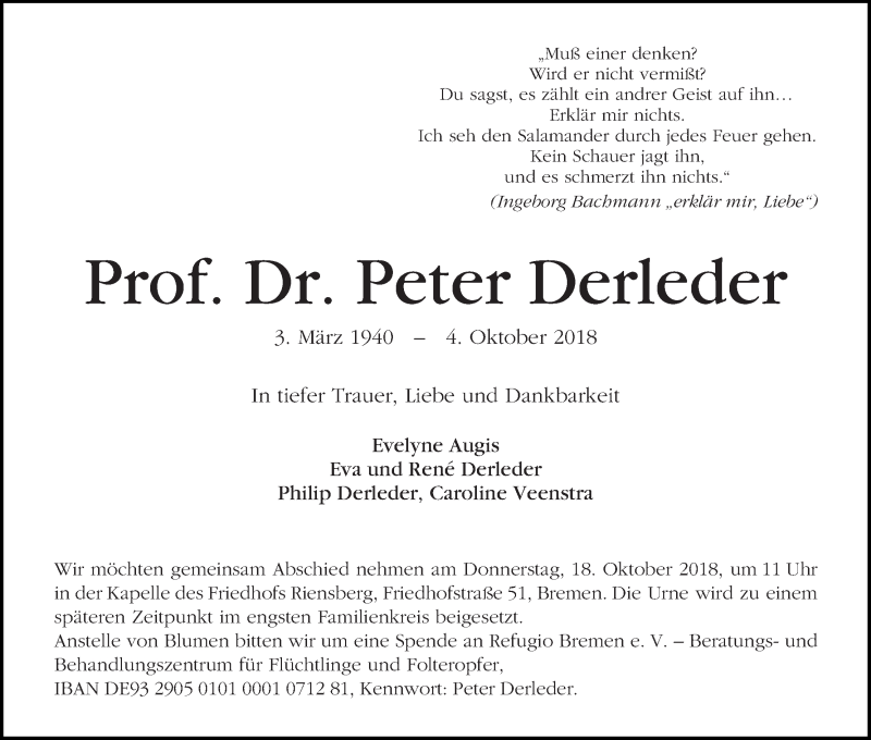  Traueranzeige für Peter Derleder vom 13.10.2018 aus WESER-KURIER