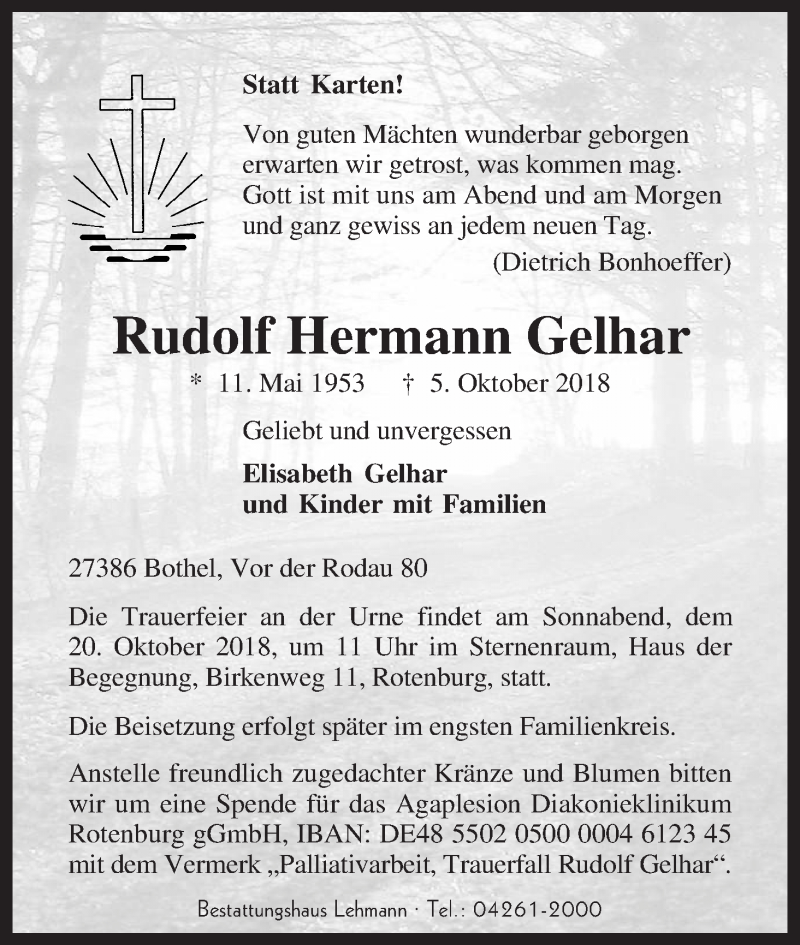  Traueranzeige für Rudolf Hermann Gelhar vom 13.10.2018 aus WESER-KURIER
