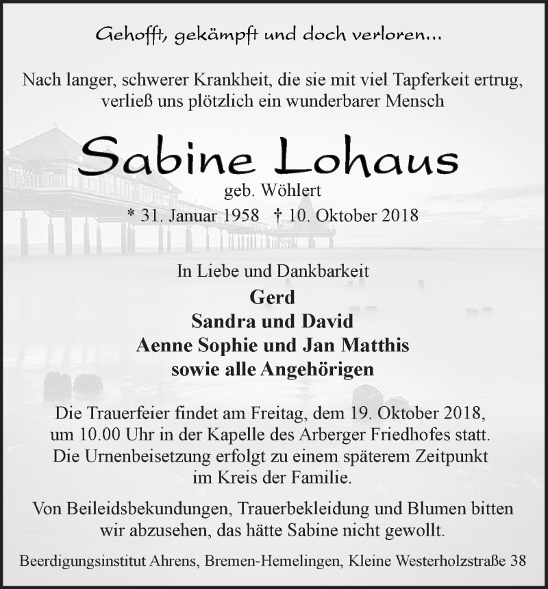  Traueranzeige für Sabine Lohaus vom 17.10.2018 aus WESER-KURIER