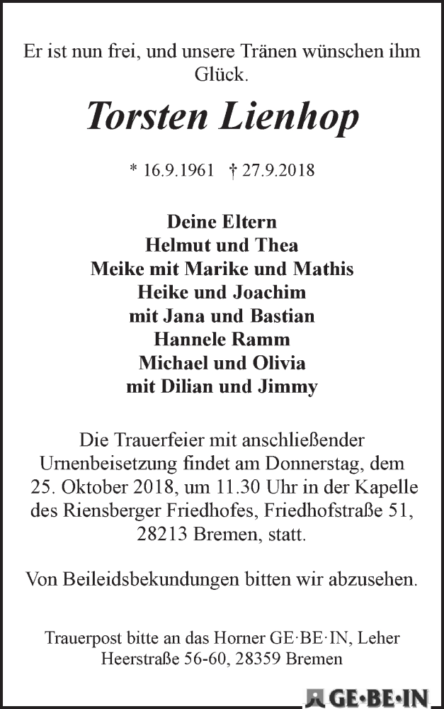 Traueranzeige von Torsten Lienhop von WESER-KURIER
