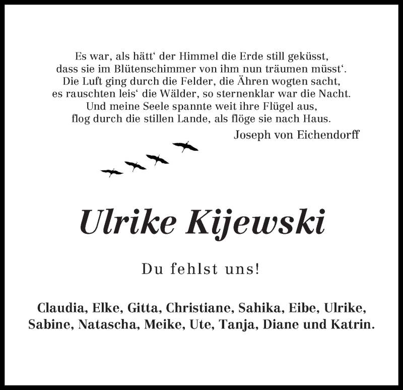  Traueranzeige für Ulrike Kijewski vom 10.10.2018 aus Osterholzer Kreisblatt