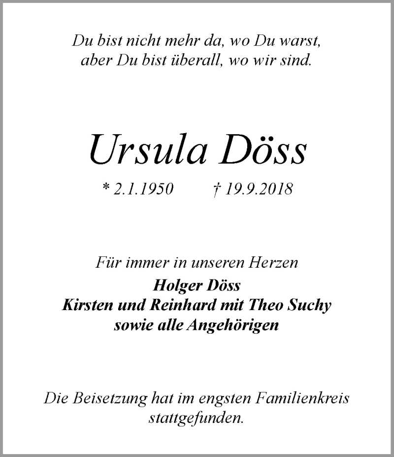  Traueranzeige für Ursula Döss vom 13.10.2018 aus WESER-KURIER