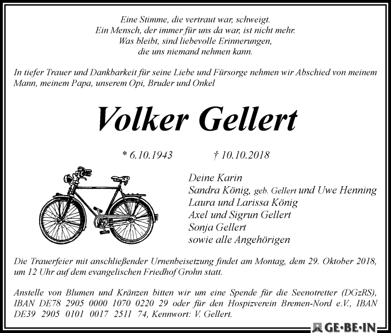 Traueranzeige von Volker Gellert von Die Norddeutsche