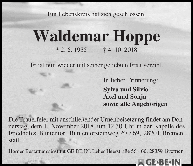  Traueranzeige für Waldemar Hoppe vom 20.10.2018 aus WESER-KURIER