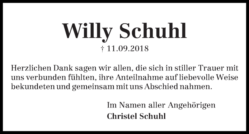  Traueranzeige für Willy Schuhl vom 13.10.2018 aus WESER-KURIER