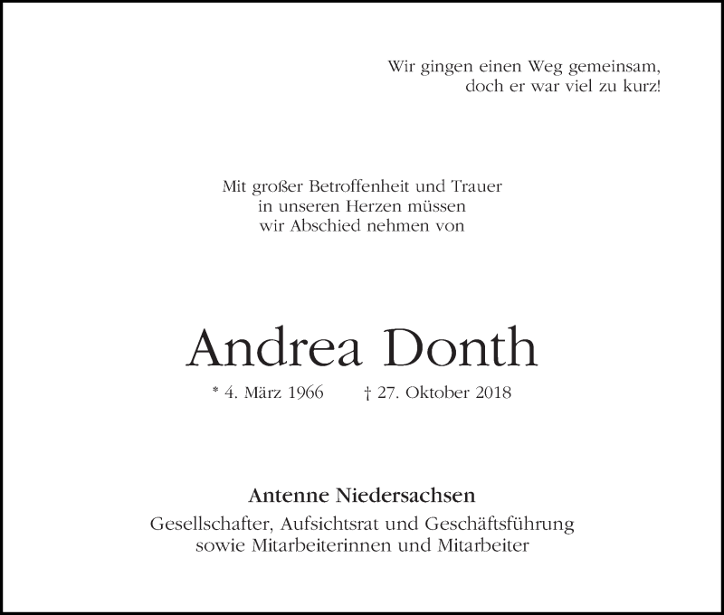  Traueranzeige für Andrea Donth vom 03.11.2018 aus WESER-KURIER