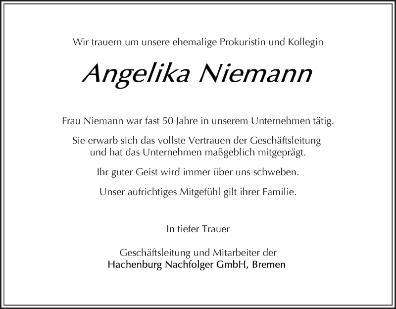  Traueranzeige für Angelika Niemann vom 24.11.2018 aus WESER-KURIER