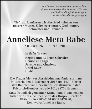 Traueranzeige von Anneliese Meta Rabe