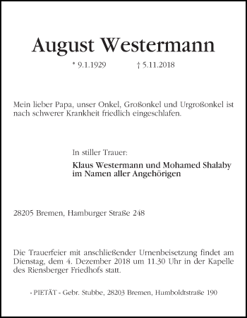 Traueranzeige von August Westermann