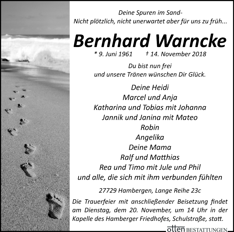  Traueranzeige für Bernhard Warncke vom 17.11.2018 aus Osterholzer Kreisblatt