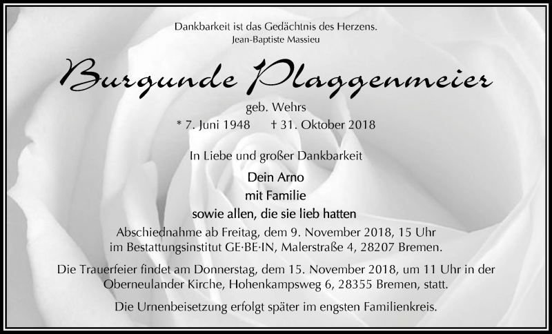  Traueranzeige für Burgunde Plaggenmeier vom 07.11.2018 aus WESER-KURIER